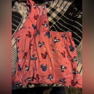 Pink One-Shoulder Pajama Set with Cartoon Print